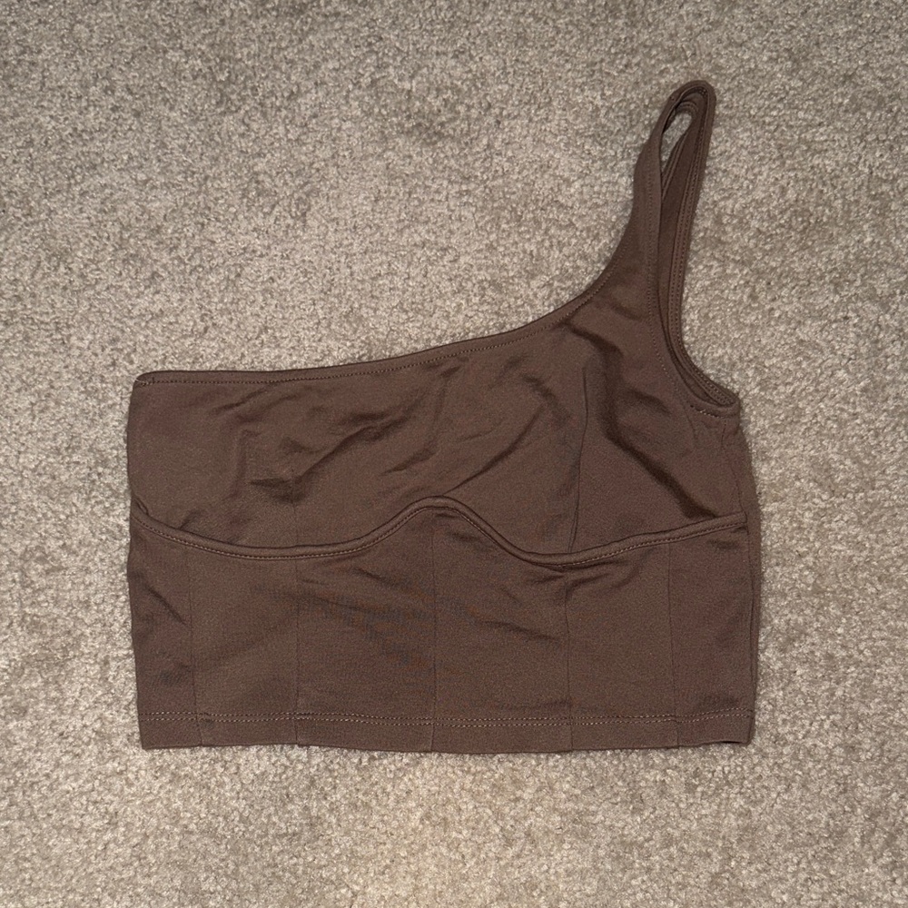 Brown/Dark Tan One-Shoulder Crop Top